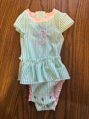 Ruffle Butts Mint Green & Pink Striped Baby One-Piece